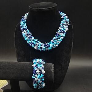 PZO 925 Turquoise Quartz Lapis Necklace Bracelet Set Blue Gemstone Chips